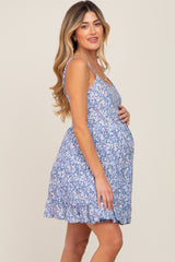 Blue Floral Tiered Maternity Sleeveless Dress