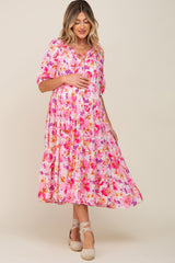 Fuchsia Floral Tiered Short Sleeve Maternity Midi Dress