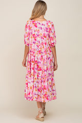 Fuchsia Floral Tiered Short Sleeve Maternity Midi Dress