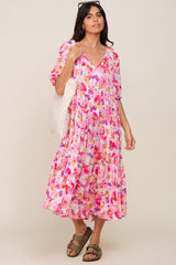 Fuchsia Floral Tiered Short Sleeve Maternity Midi Dress