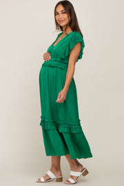 Green Ruffle Accent V-Neck Maternity Midi Dress