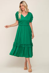 Green Ruffle Accent V-Neck Maternity Midi Dress