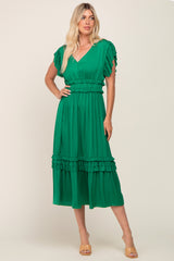 Green Ruffle Accent V-Neck Midi Dress