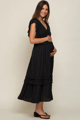 Black Ruffle Accent V-Neck Maternity Midi Dress