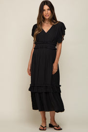 Black Ruffle Accent V-Neck Maternity Midi Dress