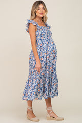 Blue Floral Smocked Frill Sleeve Maternity Midi Dress