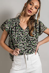 Black Floral Chiffon Smocked Shoulder Short Sleeve Maternity Blouse