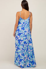 Blue Floral Sleeveless Maternity Maxi Dress