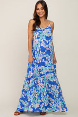 Blue Floral Sleeveless Maternity Maxi Dress