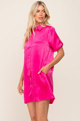 Fuchsia Satin Button Front Short Sleeve Dress