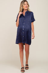 Navy Blue Satin Button Front Short Sleeve Maternity Dress