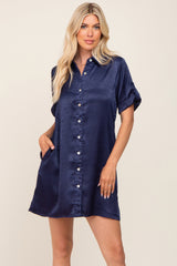 Navy Blue Satin Button Front Short Sleeve Maternity Dress