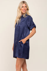 Navy Blue Satin Button Front Short Sleeve Dress