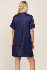 Navy Blue Satin Button Front Short Sleeve Dress