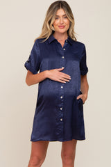 Navy Blue Satin Button Front Short Sleeve Maternity Dress