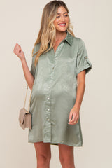 Light Olive Satin Button Front Short Sleeve Maternity Dress