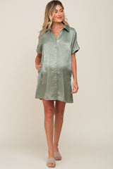 Light Olive Satin Button Front Short Sleeve Maternity Dress