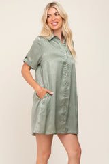 Light Olive Satin Button Front Short Sleeve Dress