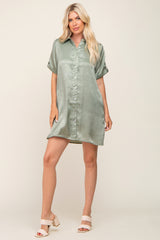 Light Olive Satin Button Front Short Sleeve Dress