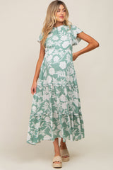 Light Olive Floral Tiered Ruffle Accent Maternity Maxi Dress