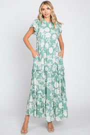 Light Olive Floral Tiered Ruffle Accent Maxi Dress