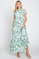 Light Olive Floral Tiered Ruffle Accent Maxi Dress