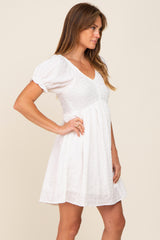 Ivory Smocked Textured V-Neck Dress