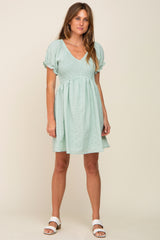 Mint Green Smocked Textured V-Neck Dress