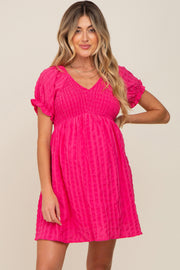 Fuchsia Smocked Textured V-Neck Maternity Dress