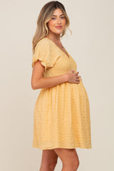 Yellow Smocked Textured V-Neck Maternity Dress