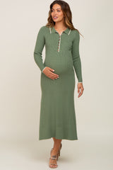 Olive Collared Button Front Midi Maternity Sweater Dress