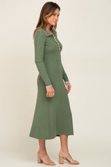 Olive Collared Button Front Midi Sweater Dress