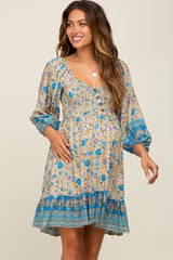 Blue Floral Paisley Smocked Button Front Back Cutout Maternity Dress