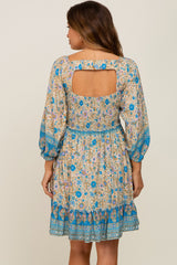 Blue Floral Paisley Smocked Button Front Back Cutout Maternity Dress