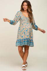 Blue Floral Paisley Smocked Button Front Back Cutout Maternity Dress