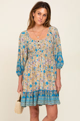 Blue Floral Paisley Smocked Button Front Back Cutout Maternity Dress