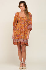 Rust Floral Paisley Smocked Button Front Back Cutout Dress