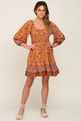 Rust Floral Paisley Smocked Button Front Back Cutout Dress