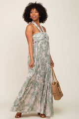 Green Floral Halter Chiffon Maxi Dress