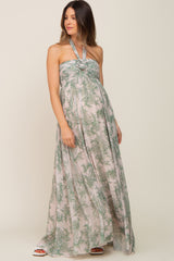 Green Floral Halter Chiffon Maternity Maxi Dress