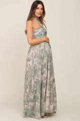 Green Floral Halter Chiffon Maternity Maxi Dress