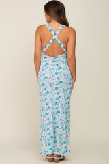 Blue Floral Criss Cross Back Maternity Maxi Dress