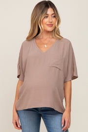 Taupe Oversized V-Neck Pocket Front Maternity Blouse