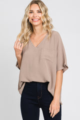 Taupe Oversized V-Neck Pocket Front Blouse