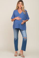 Blue Oversized V-Neck Pocket Front Maternity Blouse