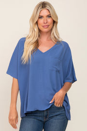 Blue Oversized V-Neck Pocket Front Blouse