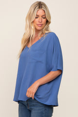 Blue Oversized V-Neck Pocket Front Blouse