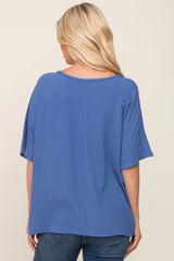 Blue Oversized V-Neck Pocket Front Blouse