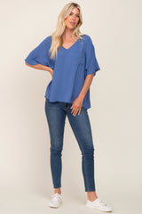 Blue Oversized V-Neck Pocket Front Blouse