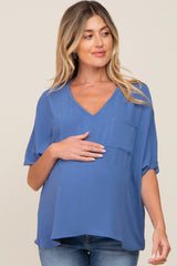 Blue Oversized V-Neck Pocket Front Maternity Blouse